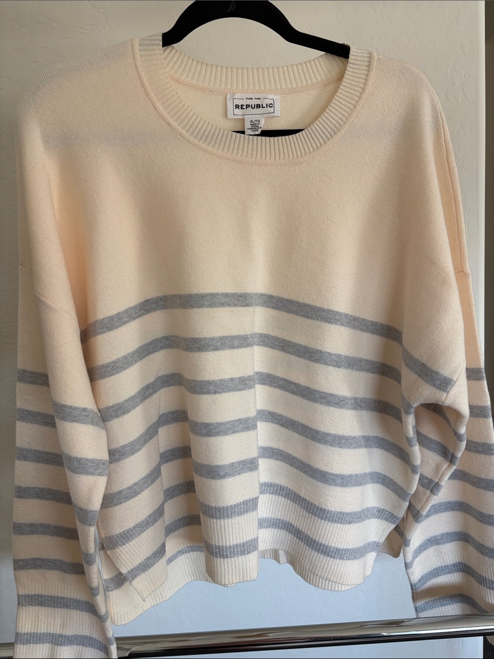 For The Republic Cream and Gray Striped Crewneck Sweater